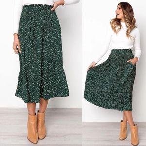 Dark Green Pleated Midi Skirt Polka Dots